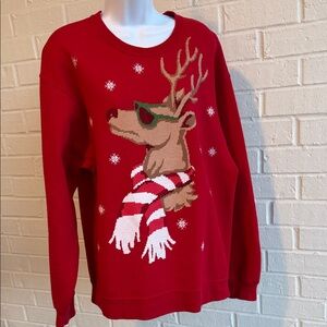 Jerzees Red Sweatshirt Cute Deer Wearing Sunglasses Long Sleeve Crew Neck Size L
